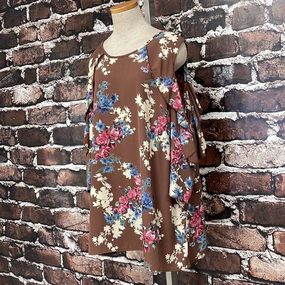 ODDY Dress Cold Shoulder Midi Shift Brown Floral Size 3X - Picture 5 of 15